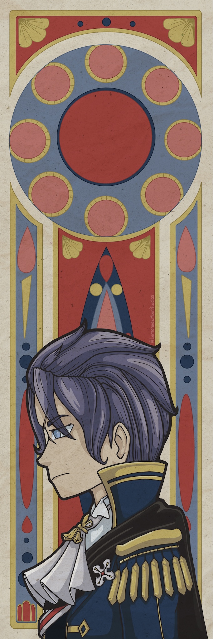 a man with gray hair and blue and gold suit in front of a geometric red, yellow, and blue background